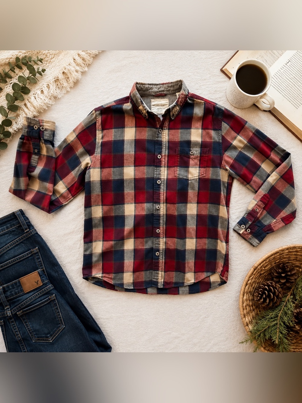 Weatherproof Vintage Plaid Flannel Shirt Red Navy Tan Gray Men’s XL